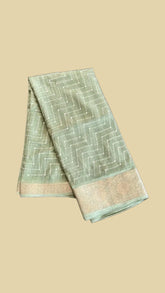 Sage Green Zig Zag Pattern with Floral Gold Brocade Traditional Border Fancy Georgette Saree